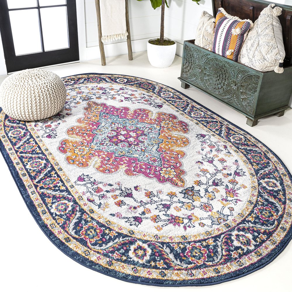 JONATHAN Y Boho Vintage Blue/Multi 5x8 Oval Area Rug, Bohemian Flair Medallion, Floral Easy-Cleaning High Traffic for Living Room, Bedroom, Kitchen, Pet-Friendly, Non Shedding (BMF106A-5OV)