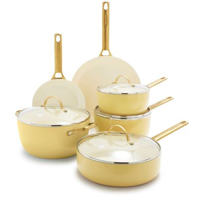 GreenPan Hard Anodized Healthy Ceramic Nonstick 10 Piece Cookware Pots and Pans Set, Gold Handle, PFAS-Free, Dishwasher Safe, Oven Safe, Sunrise Yellow