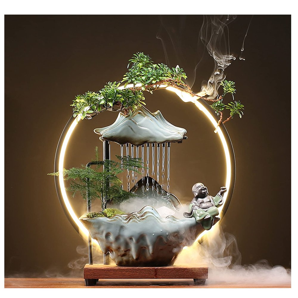 HSINYA Tabletop Buddha Water Fountains Indoor Water Fall with LED Light Zen Decor for Meditation with Mist Japanese Decor with Fake Plants Feng Shui Decoration for Good Luck Wealth