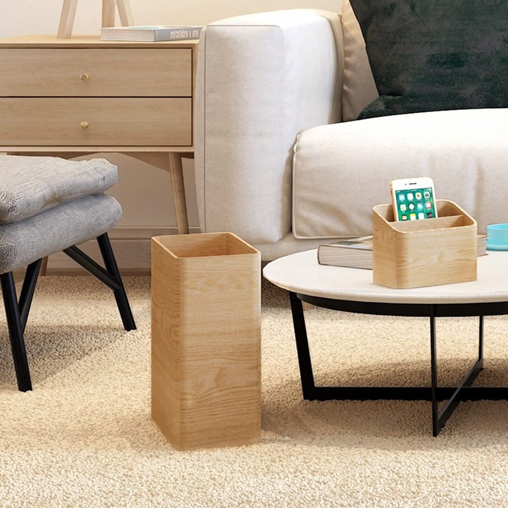 CL-ZZZ Wooden Cube Shape Waste Paper Bin, Living Room Under Table Rubbish Bin Solid Wood Trash Can Kitchen Garbage Can Light Brown