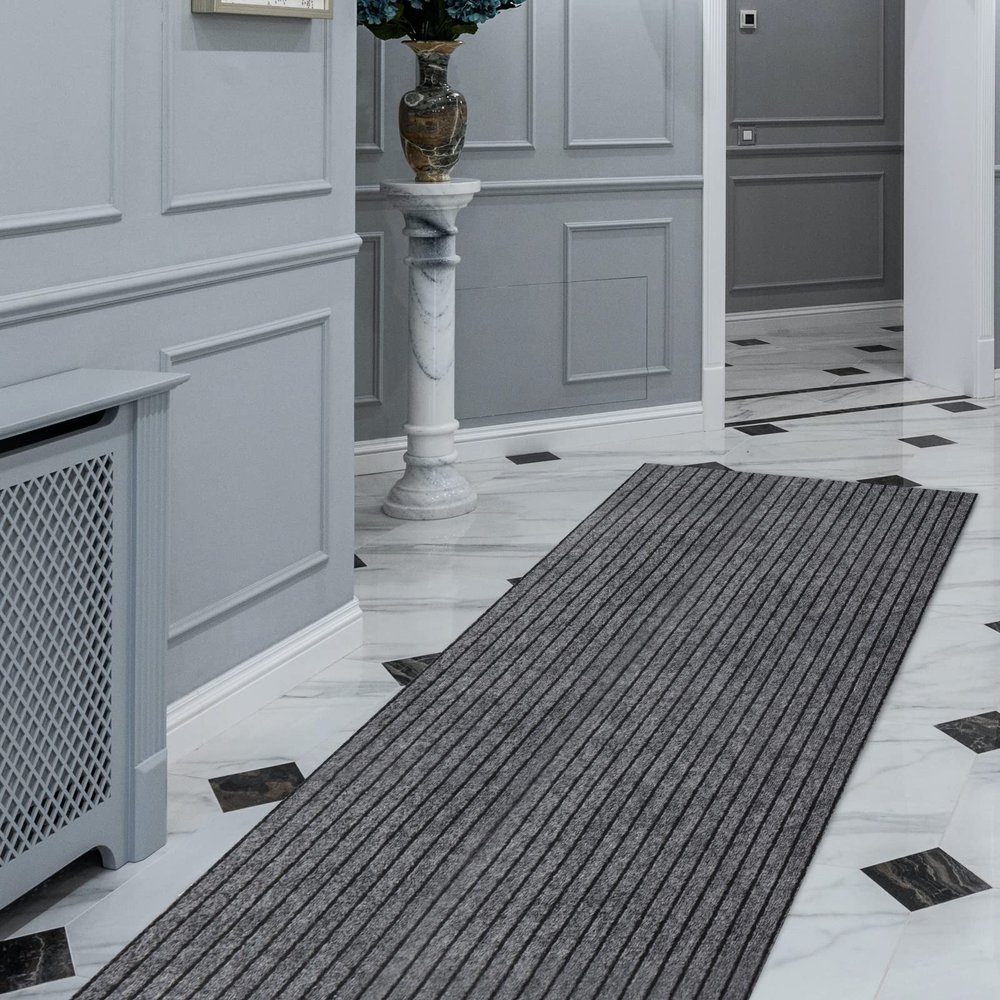 FREADEM Runner Rugs 4' x 72' Indoor Outdoor Carpet Runner, Area Rugs with Anti-Slip Rubber Backing for Aisle Hallway Balcony Garage Entryway Stair, Grey Stripe