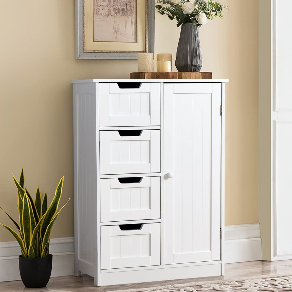 Noskatu Bathroom Cabinet Freestanding Storage Cupboard with 1 Adjustable Shelf 4 Drawer Cupboard Unit for Bathroom Kitchen Living Room White