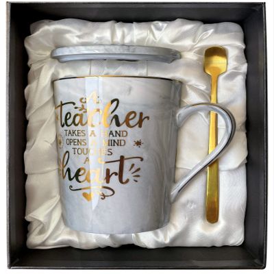Best Teacher Appreciation Gift for Women Men - A Teacher Takes A Hand Opens A Mind Touches A Heart - Funny Valentines Graduation Retirement Gifts, 14Oz Grey Coffee Mug with Gold Print, Nice Gift Boxed