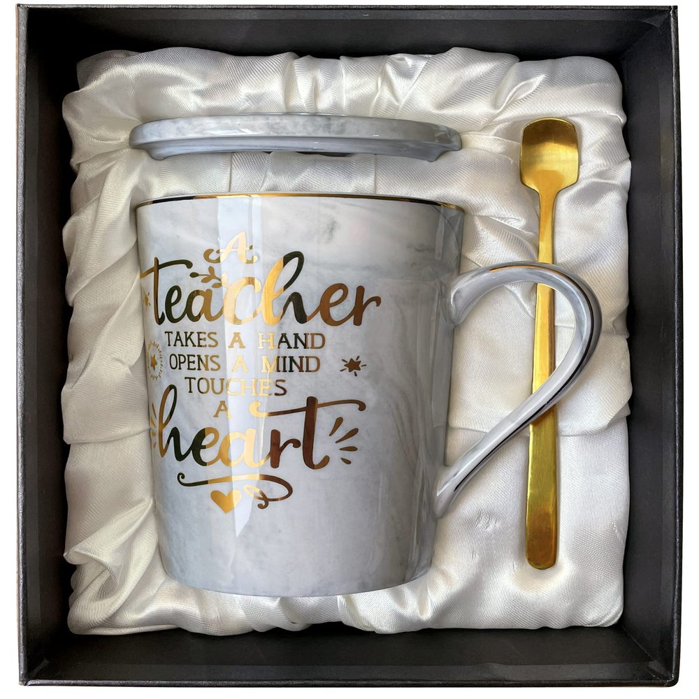 Best Teacher Appreciation Gift for Women Men - A Teacher Takes A Hand Opens A Mind Touches A Heart - Funny Valentines Graduation Retirement Gifts, 14Oz Grey Coffee Mug with Gold Print, Nice Gift Boxed