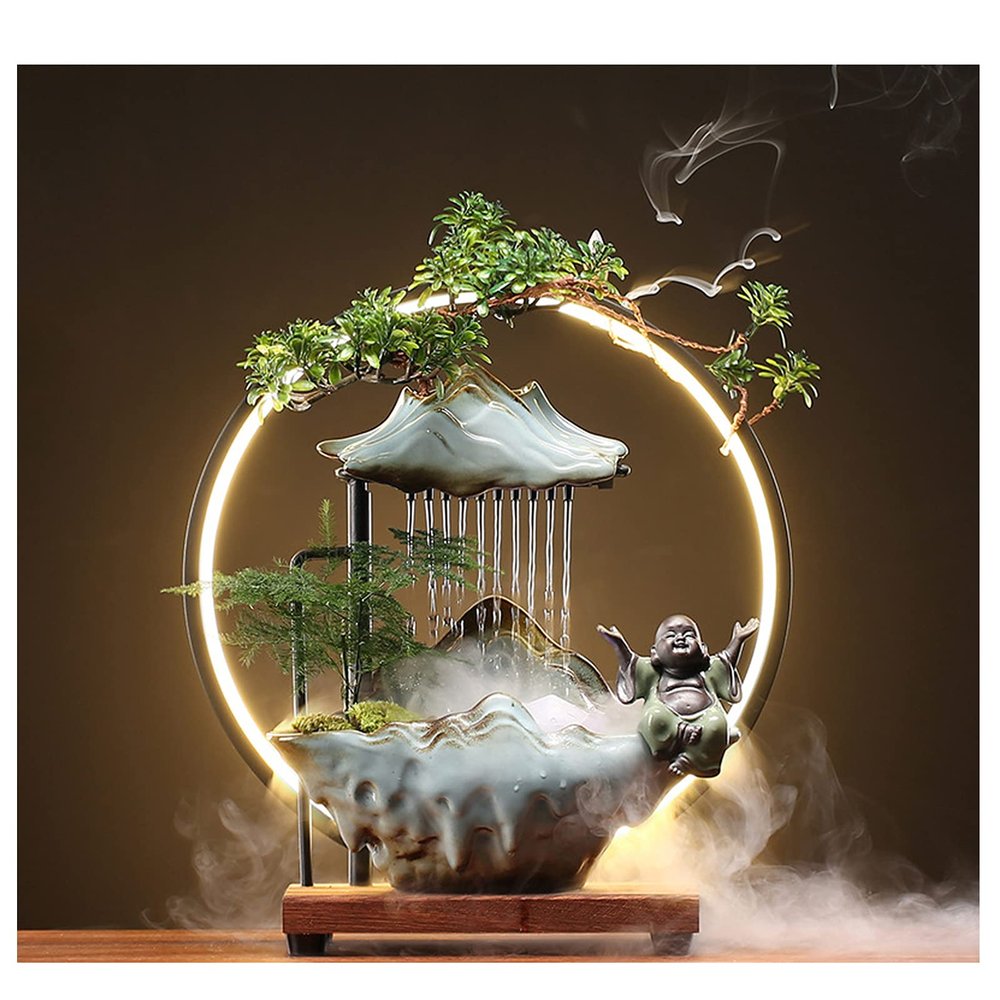 HSINYA Tabletop Buddha Water Fountains Indoor Water Fall with LED Light Zen Decor for Meditation with Mist Japanese Decor with Fake Plants Feng Shui Decoration for Good Luck Wealth