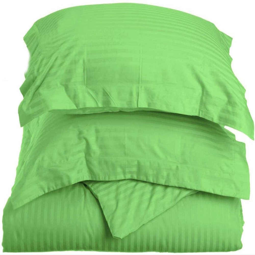 600 Thread Count Pure Egyptian Cotton 3-PCs Duvet Cover Set with Button Closure & Corner Ties Striped Pattren (Full/Queen, Sage Green) Machine Washable & Long Lasting