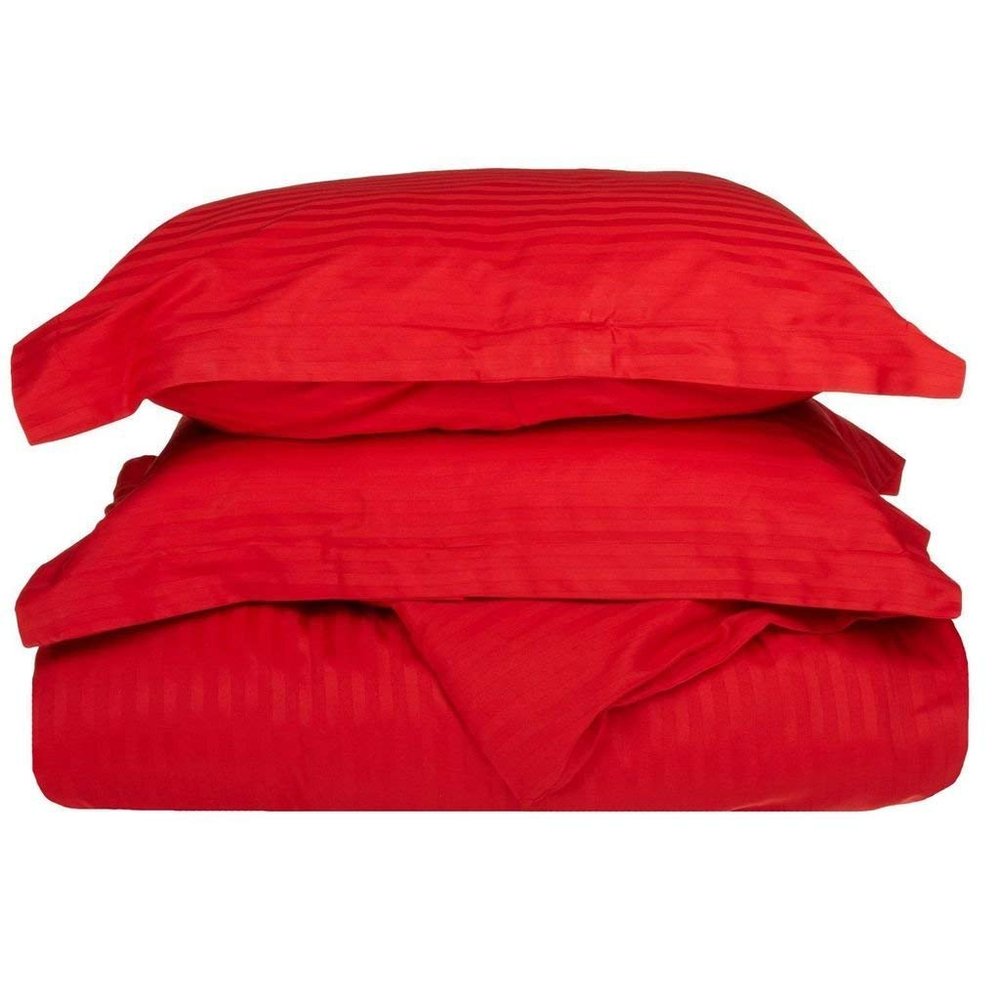 600 Thread Count Pure Egyptian Cotton 3-PCs Duvet Cover Set with Button Closure & Corner Ties Striped Pattren (Full/Queen, Red) Machine Washable & Long Lasting