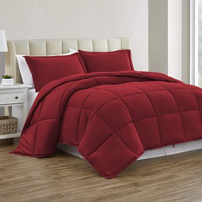 Queen/Full Size for All Season 100% Organic Cotton Yarns 500 GSM Fill Power Winter Warm Comforter Set Soft and Breathable Lightweight Box Stitched Design Comforter with 2 Pillowcases Burgundy