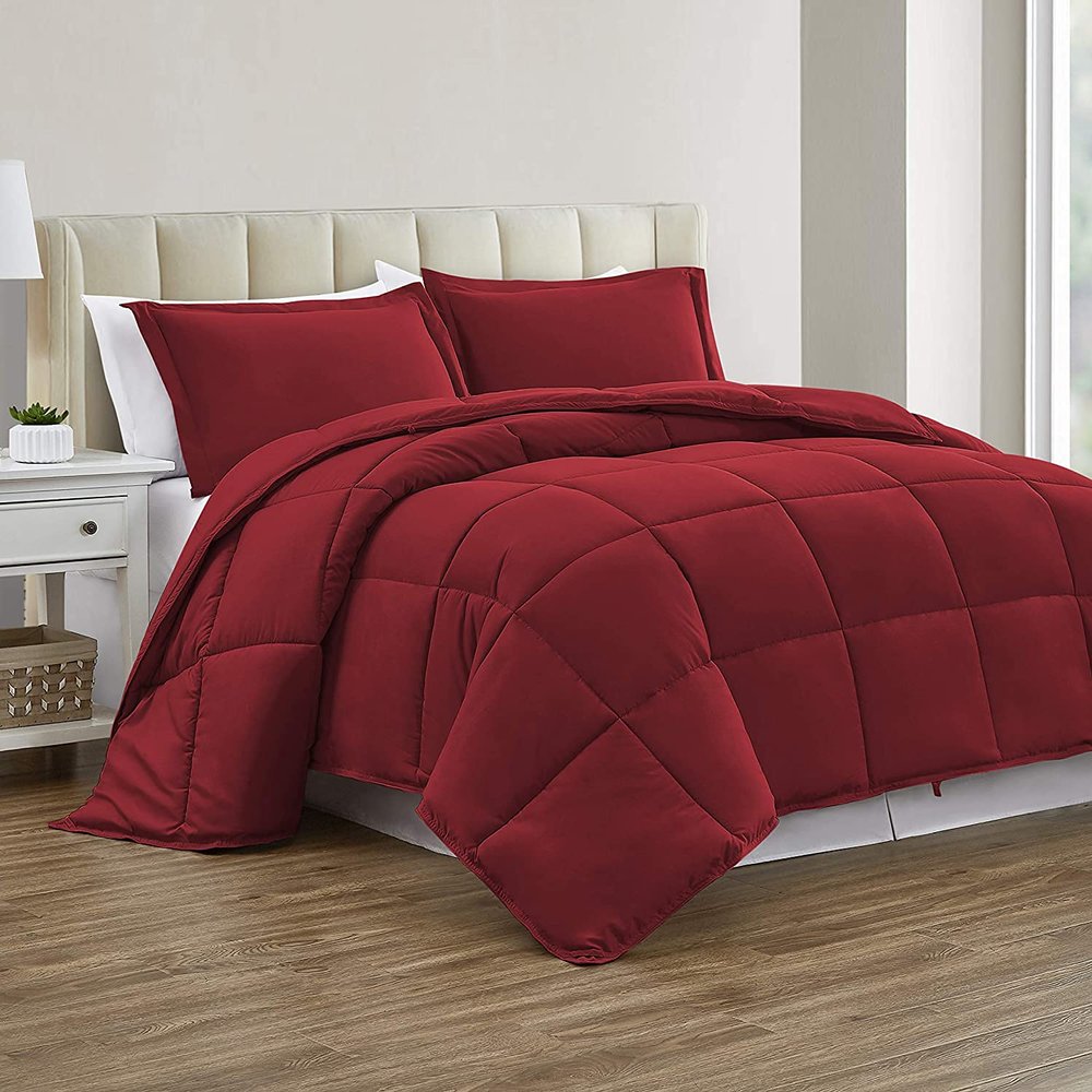 Queen/Full Size for All Season 100% Organic Cotton Yarns 500 GSM Fill Power Winter Warm Comforter Set Soft and Breathable Lightweight Box Stitched Design Comforter with 2 Pillowcases Burgundy