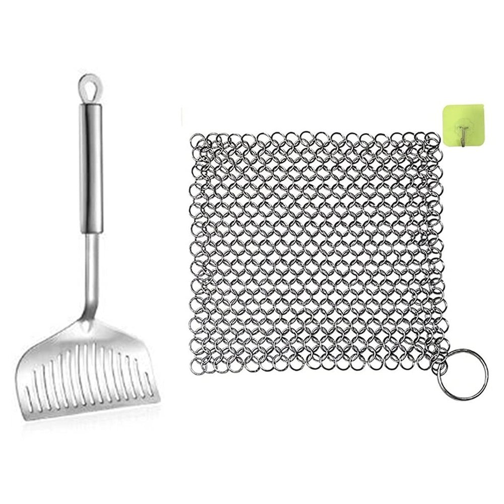 TYZK Practical Garden Tools Stainless Steel Frying Pan Spatula and Chain Mail Scrubber Chain Skillet Cleaner for Kitchen Accessories