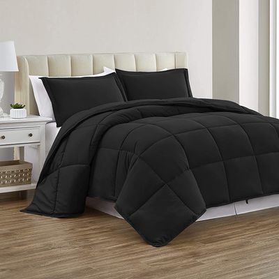 Queen/Full Size for All Season 100% Organic Cotton Yarns 500 GSM Fill Power Winter Warm Comforter Set Soft and Breathable Lightweight Box Stitched Design Comforter with 2 Pillowcases Black