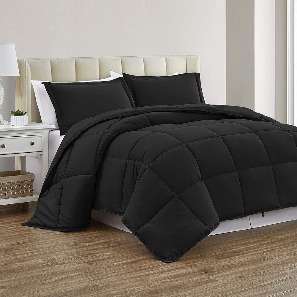 Queen/Full Size for All Season 100% Organic Cotton Yarns 500 GSM Fill Power Winter Warm Comforter Set Soft and Breathable Lightweight Box Stitched Design Comforter with 2 Pillowcases Black