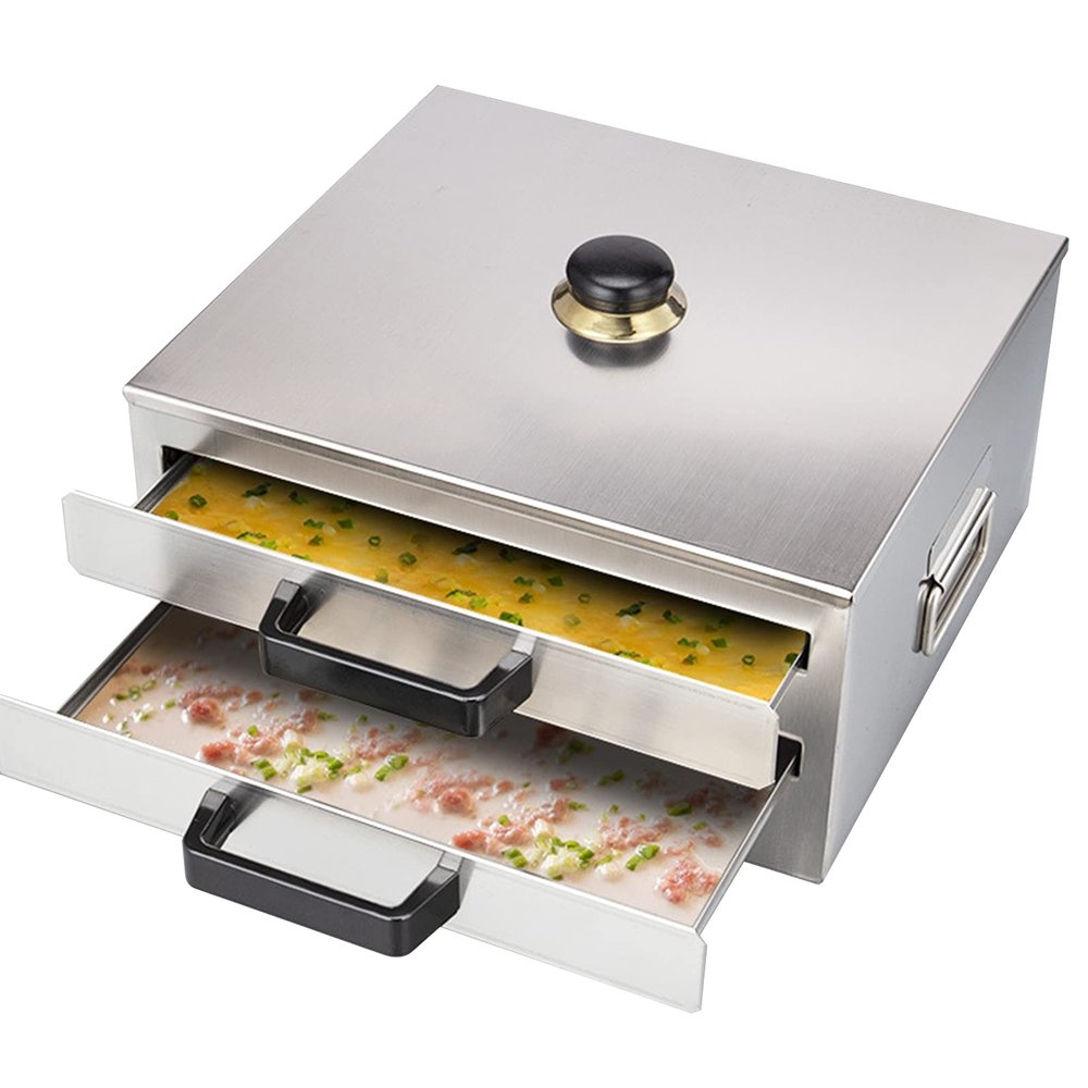 AIZYR 304 Stainless Steel Rice Noodle Roll Steamer - 2-Layer Drawer Cantonese Cuisine Household Cookware with Detachable Lid (1 Tray with Hole + 2 Solid Tray)