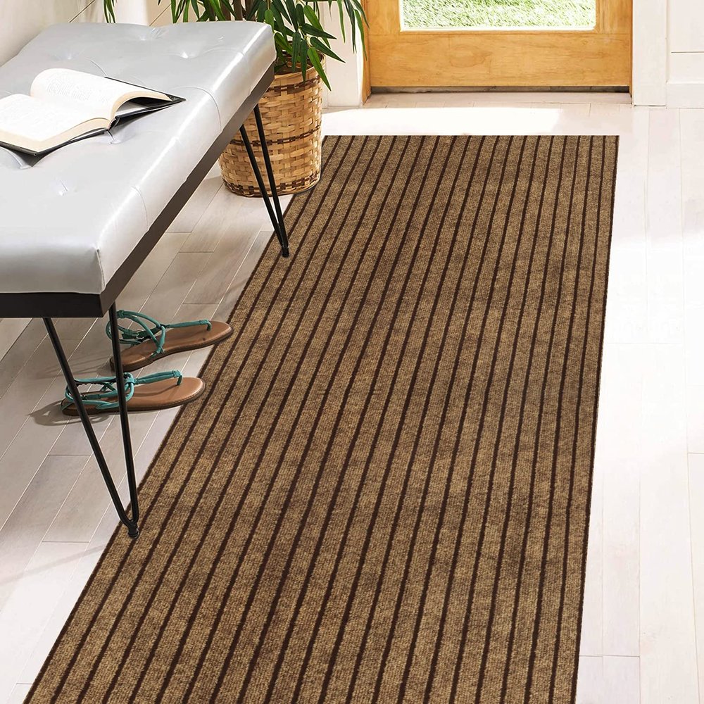 3' x 14' Runner Rugs with Rubber Backing, Indoor Outdoor Utility Carpet Runner Rugs, Stripe Brown, Can Be Used as Aisle for The RV and Boat, Laundry Room and Balcony