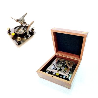 Antique Nautical Square Sundial Engrave Compass 3" Brass Navigation Compass with Wooden Box
