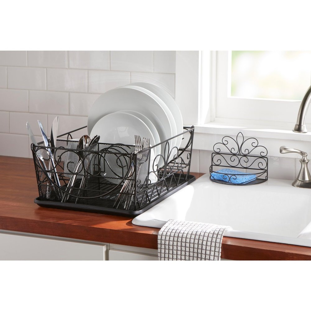 BrylaneHome Scroll Dish Rack with Sponge Holder - Black