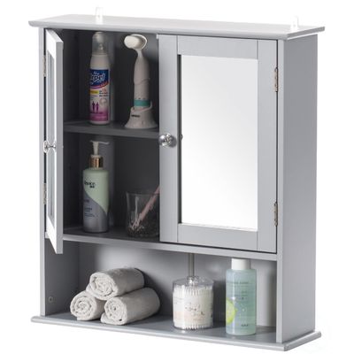 Basicwise Gray Mirror Wall Mounted Bathroom and Vanity with Adjustable Shelves Cabinet, Grey, (QI004020.GY)