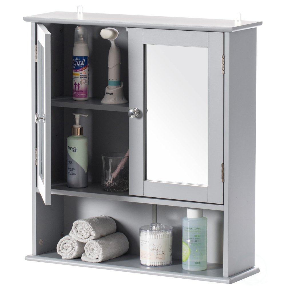 Basicwise Gray Mirror Wall Mounted Bathroom and Vanity with Adjustable Shelves Cabinet, Grey, (QI004020.GY)