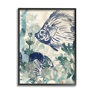 Stupell Industries Abstract Seafloor Fresco Tropical Blue Fish Distressed Coral, Design by June Erica Vess Black Framed Wall Art, 16 x 20