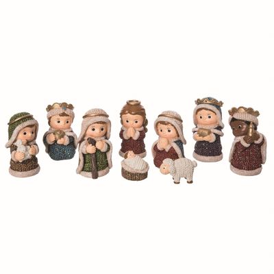 Transpac 3.75" Multicolor Christmas Glitz Knit Nativity Set of 9 - Decorative Resin Figurines for Tabletop Holiday Decor Multicolor