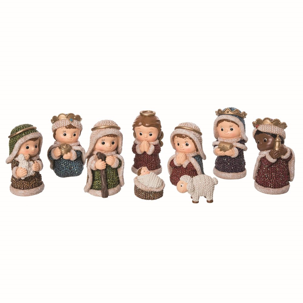 Transpac 3.75" Multicolor Christmas Glitz Knit Nativity Set of 9 - Decorative Resin Figurines for Tabletop Holiday Decor Multicolor