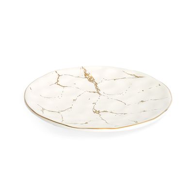 10"D Set of 4 White Porcelain Dinner Plates with Gold Design