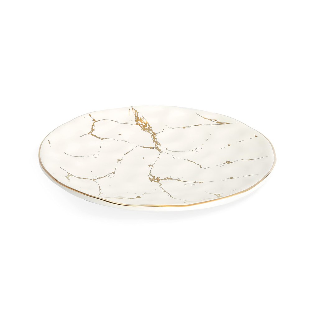 10"D Set of 4 White Porcelain Dinner Plates with Gold Design
