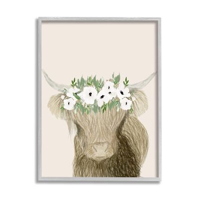 Stupell Industries Highland Cattle Portrait White Poppy Floral Crown Rustic, Design by Lucille Price Gray Framed Wall Art, 11 x 14, Brown