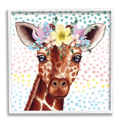 Stupell Industries Chic Giraffe Spring Floral Crown Rainbow Polka Dot Ombre, Design by ND White Framed Wall Art, 12 x 12, Orange