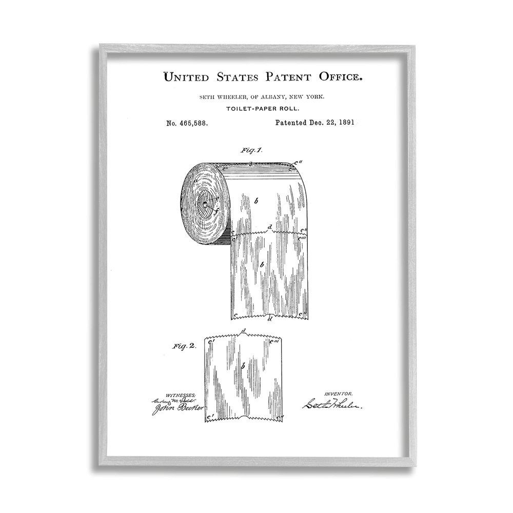 Stupell Industries Toilet Paper Roll Vintage Patent Minimal Black White