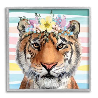 Stupell Industries Jungle Tiger Chic Purple Yellow Floral Crown Stripes, Design by ND Gray Framed Wall Art, 12 x 12, Orange