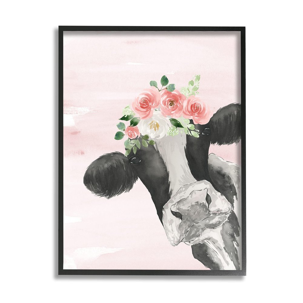 Stupell Industries Dairy Farm Cow Watercolor Portrait Pink Floral Crown, Design by Lucille Price Black Framed Wall Art, 11 x 14