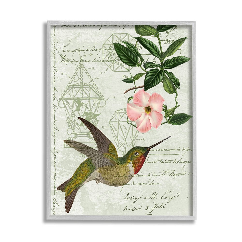 Stupell Industries Vintage Hummingbird Feeder Patent Pink Floral Antique Script