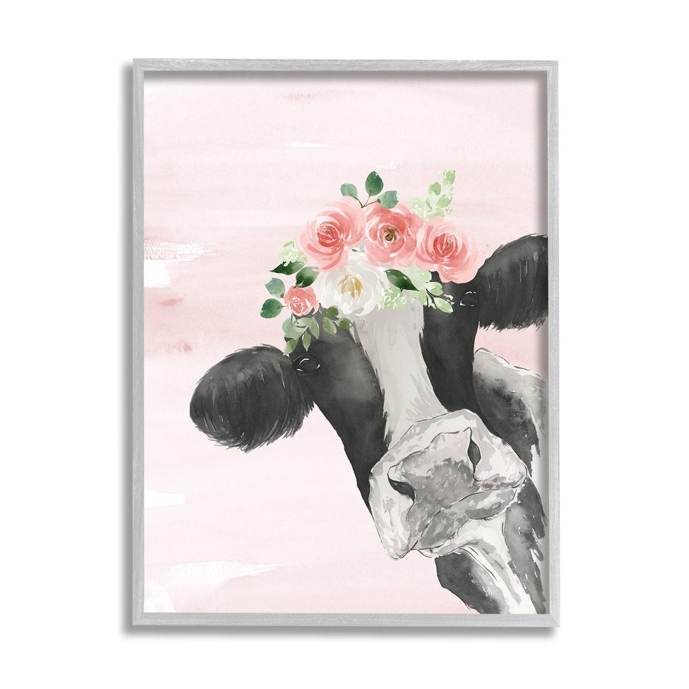 Stupell Industries Dairy Farm Cow Watercolor Portrait Pink Floral Crown, Design by Lucille Price Gray Framed Wall Art, 16 x 20