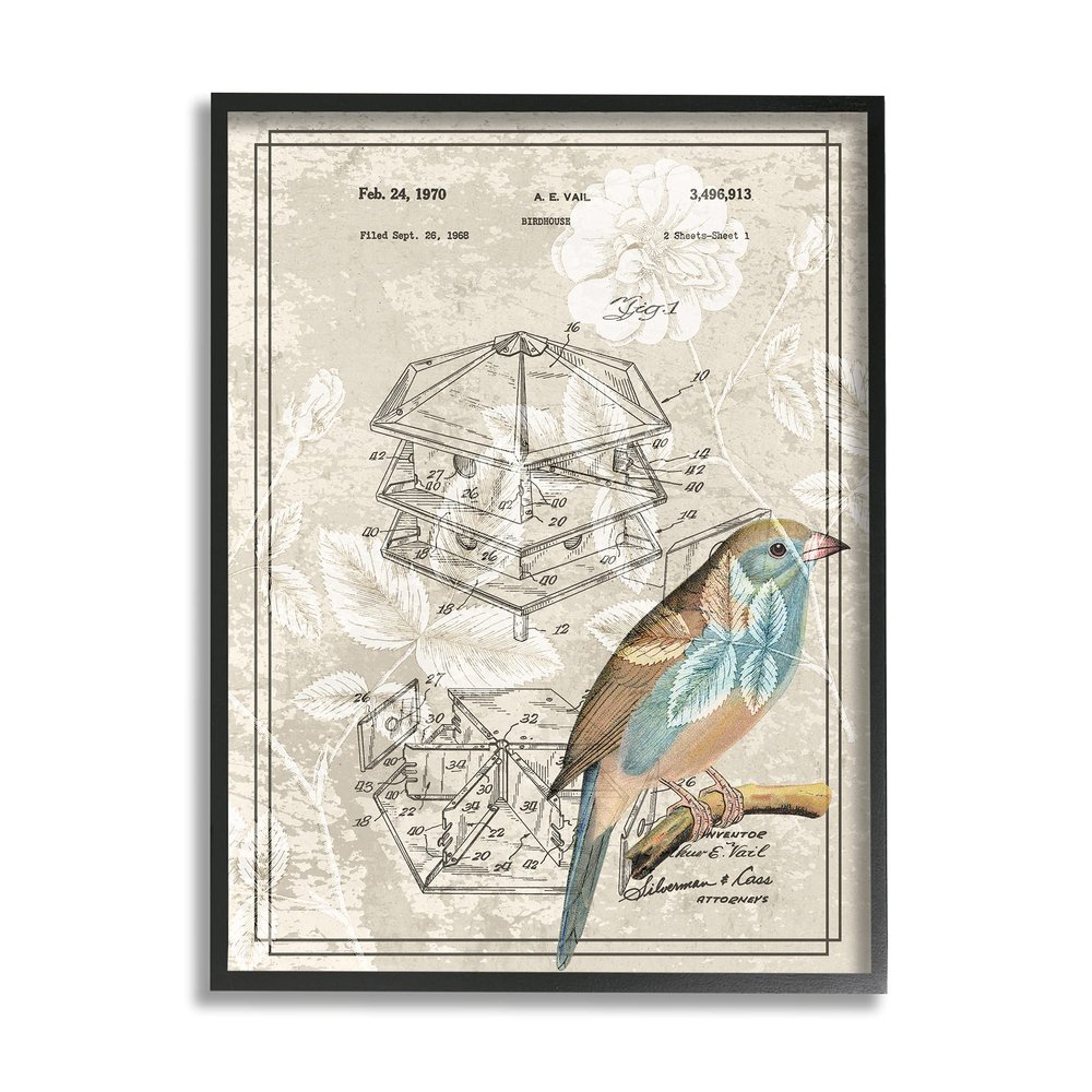 Stupell Industries Vintage Bird House Patent Design Figure Eastern Bluebird