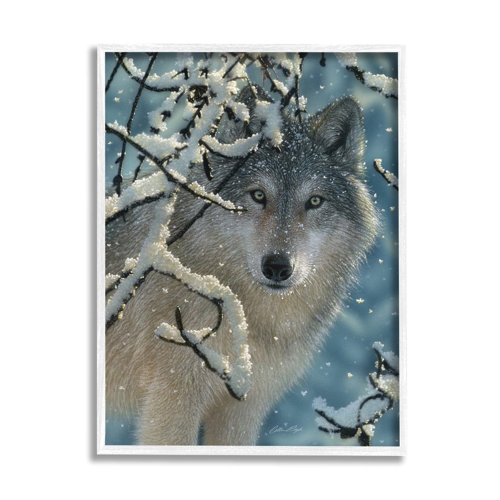 Stupell Industries Wolf Behind Snowy Branches Winter Wild Forest Animal