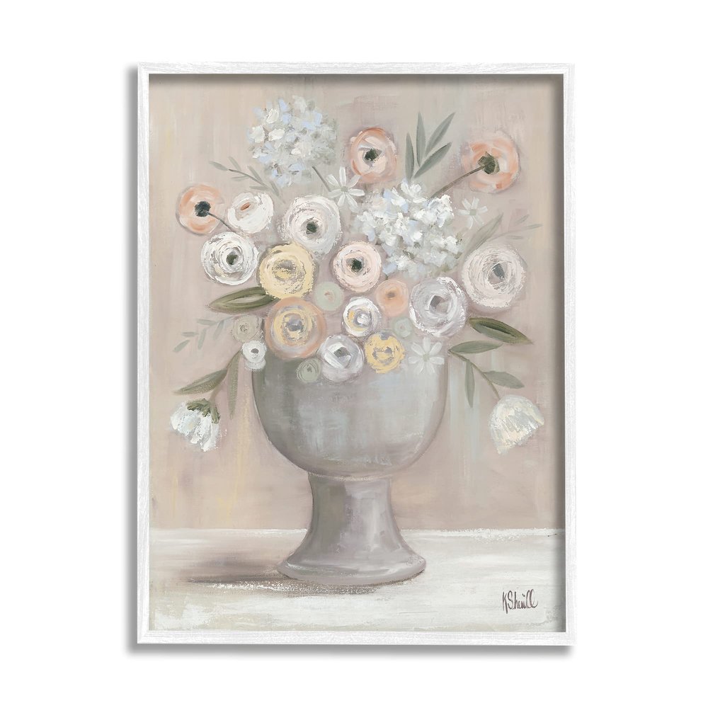 Stupell Industries Classic Ranunculus Floral Bouquet Contemporary Flower Still Life, Design by Kate Sherrill White Framed Wall Art, 16 x 20, Beige