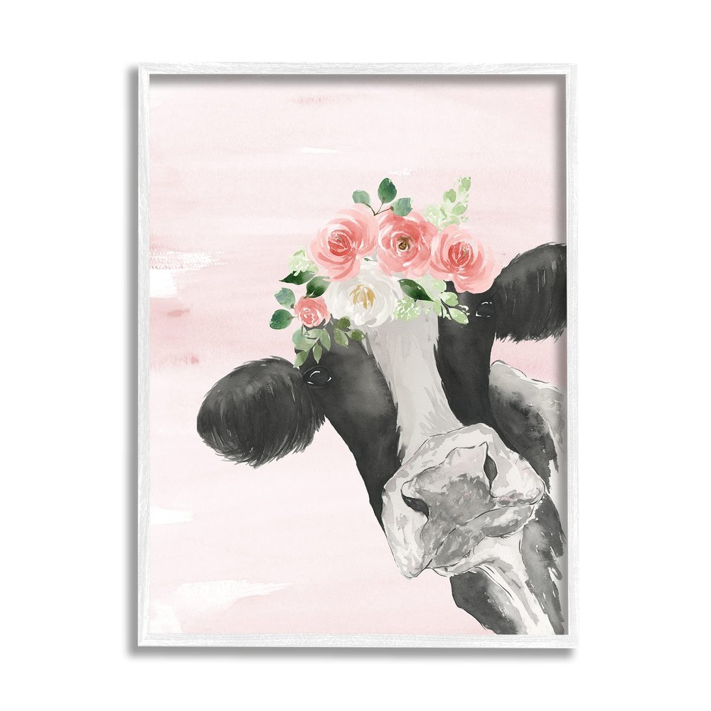 Stupell Industries Dairy Farm Cow Watercolor Portrait Pink Floral Crown, Design by Lucille Price White Framed Wall Art, 16 x 20
