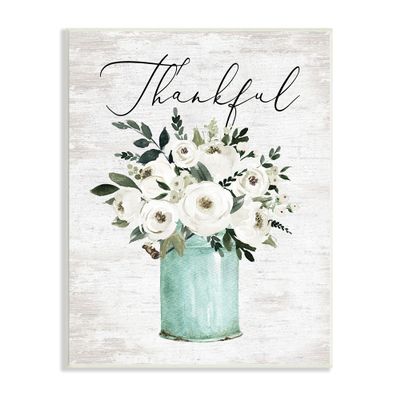 Stupell Industries Thankful Phrase White Ranunculus Floral Bouquet Milk Tin