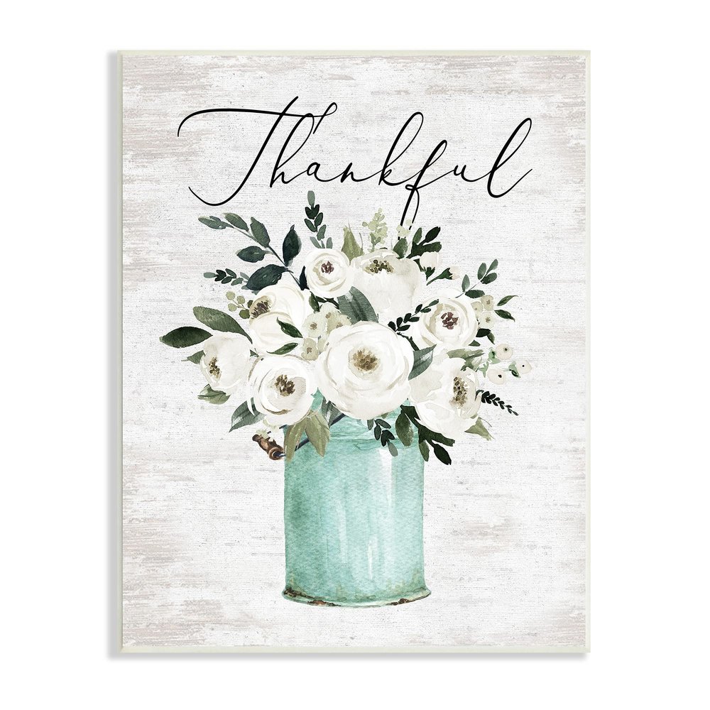 Stupell Industries Thankful Phrase White Ranunculus Floral Bouquet Milk Tin