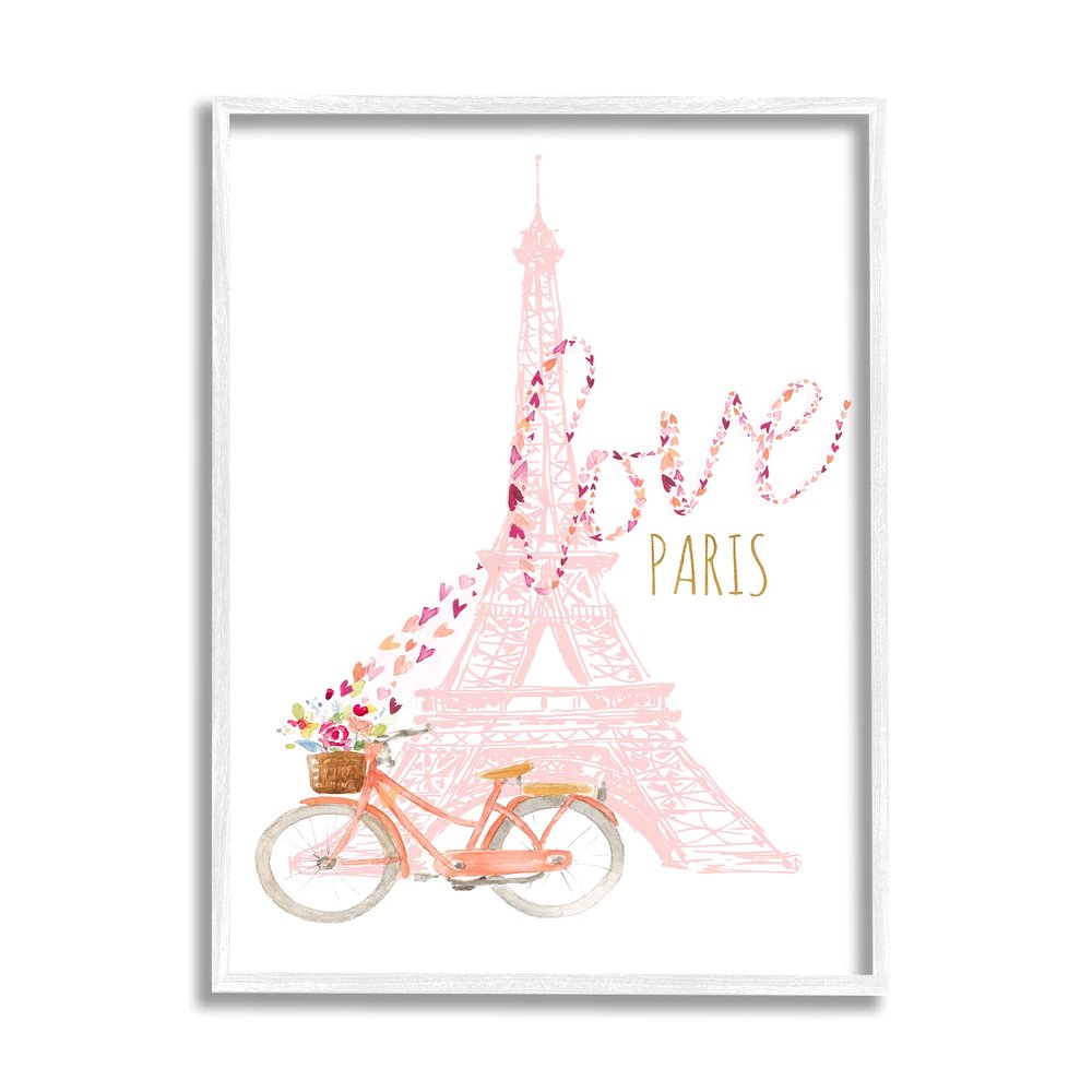 Stupell Industries Love Paris Pink Eifel Tower Flower Bicycle Hearts
