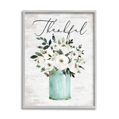 Stupell Industries Thankful Phrase White Ranunculus Floral Bouquet Milk Tin