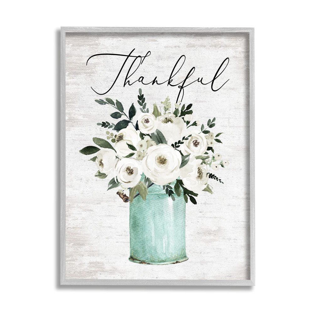 Stupell Industries Thankful Phrase White Ranunculus Floral Bouquet Milk Tin