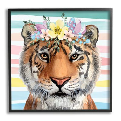 Stupell Industries Jungle Tiger Chic Purple Yellow Floral Crown Stripes, Design by ND Black Framed Wall Art, 12 x 12, Orange