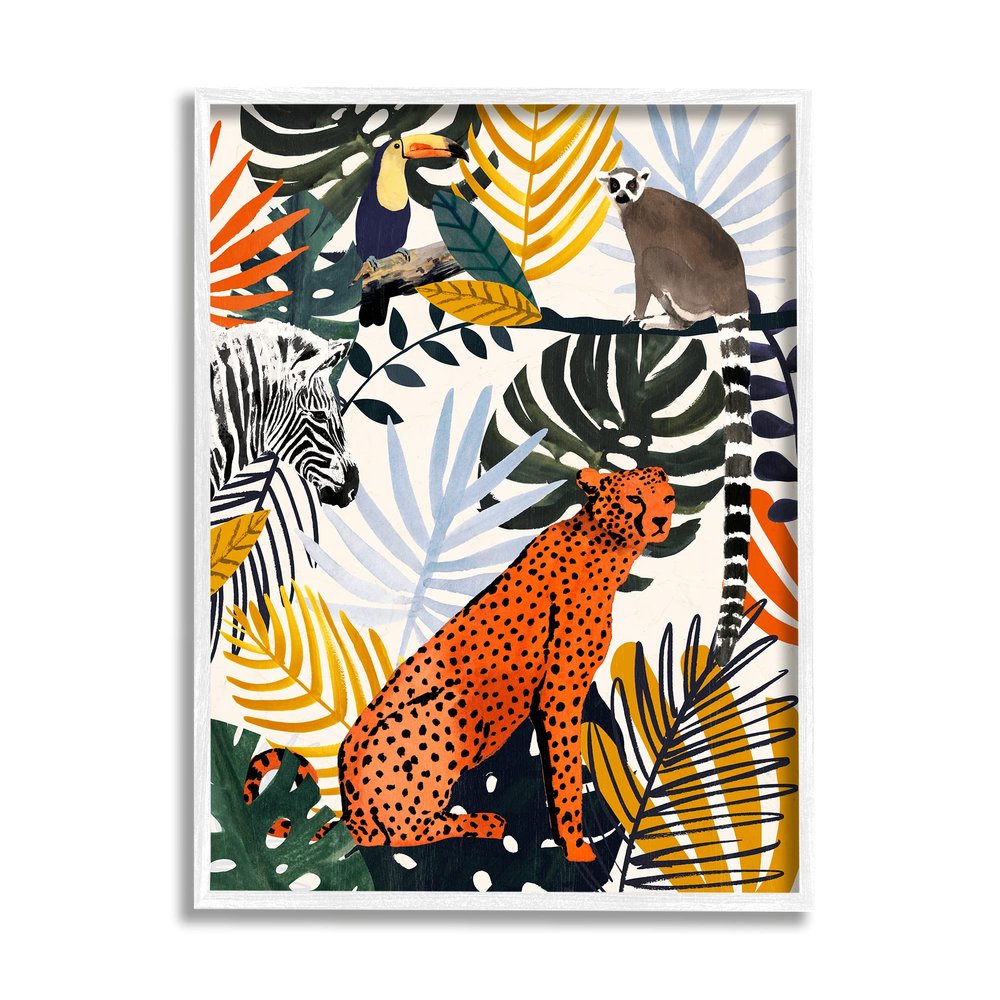 Stupell Industries Bold Jungle Animal Collage Vibrant Palm Leaf Shapes, Design by Victoria Borges White Framed Wall Art, 16 x 20, Orange