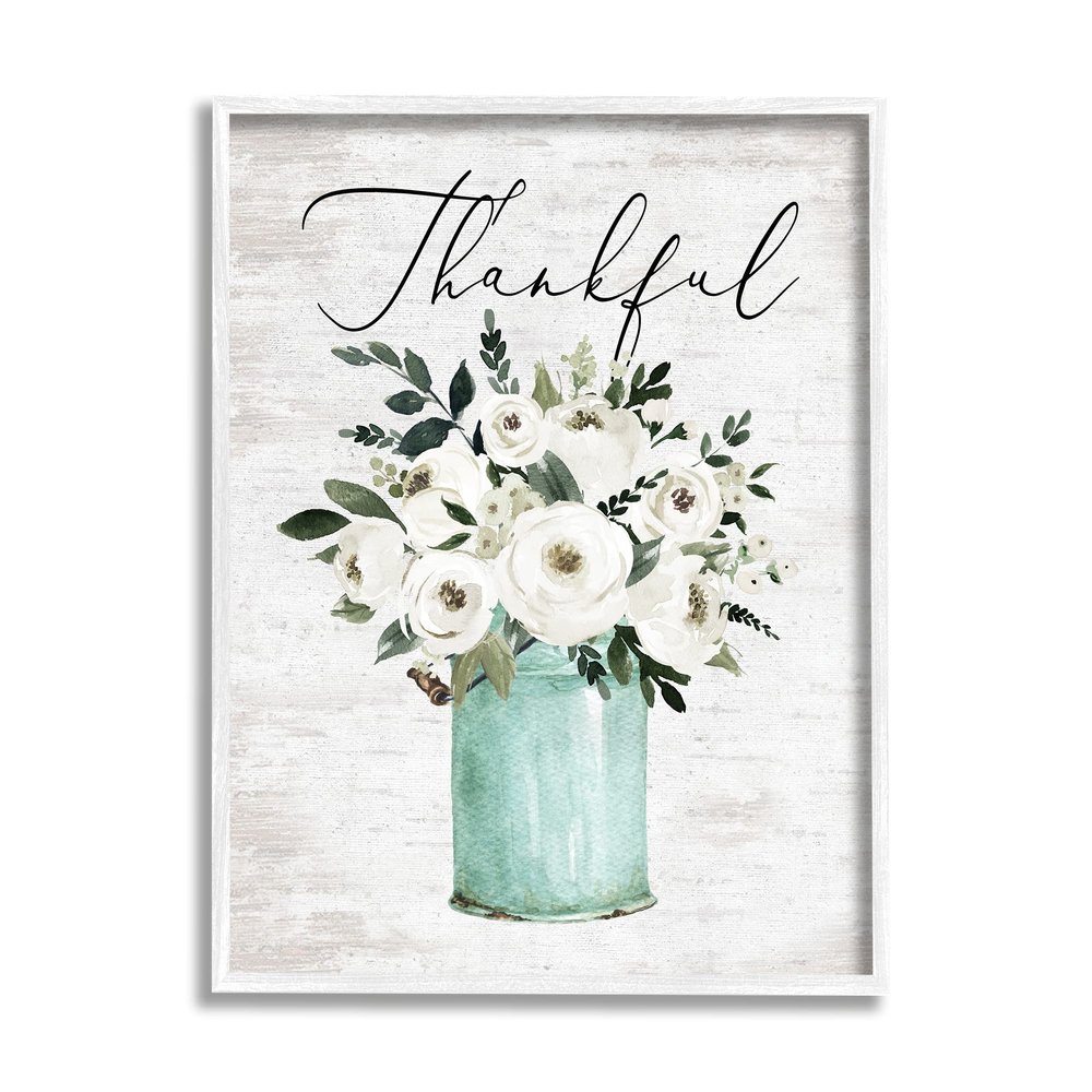 Stupell Industries Thankful Phrase White Ranunculus Floral Bouquet Milk Tin