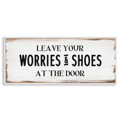 Stupell Industries Leave Worries and Shoes at Door Farmhouse Phrase, Design by Daphne Polselli White Framed Wall Art, 24 x 10