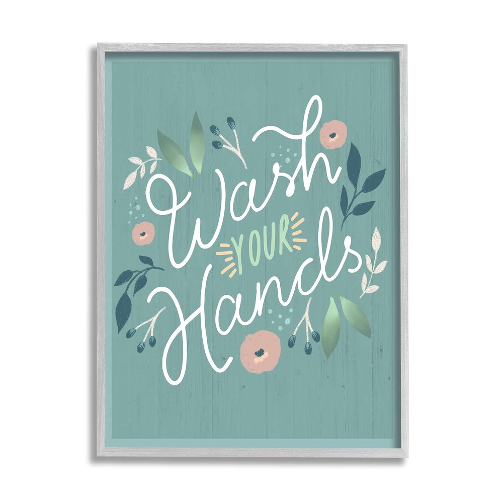 Stupell Industries Wash Your Hands Pink Florals Green Farmhouse Pattern
