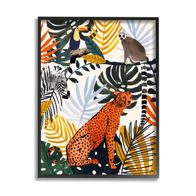 Stupell Industries Bold Jungle Animal Collage Vibrant Palm Leaf Shapes, Design by Victoria Borges Black Framed Wall Art, 16 x 20, Orange