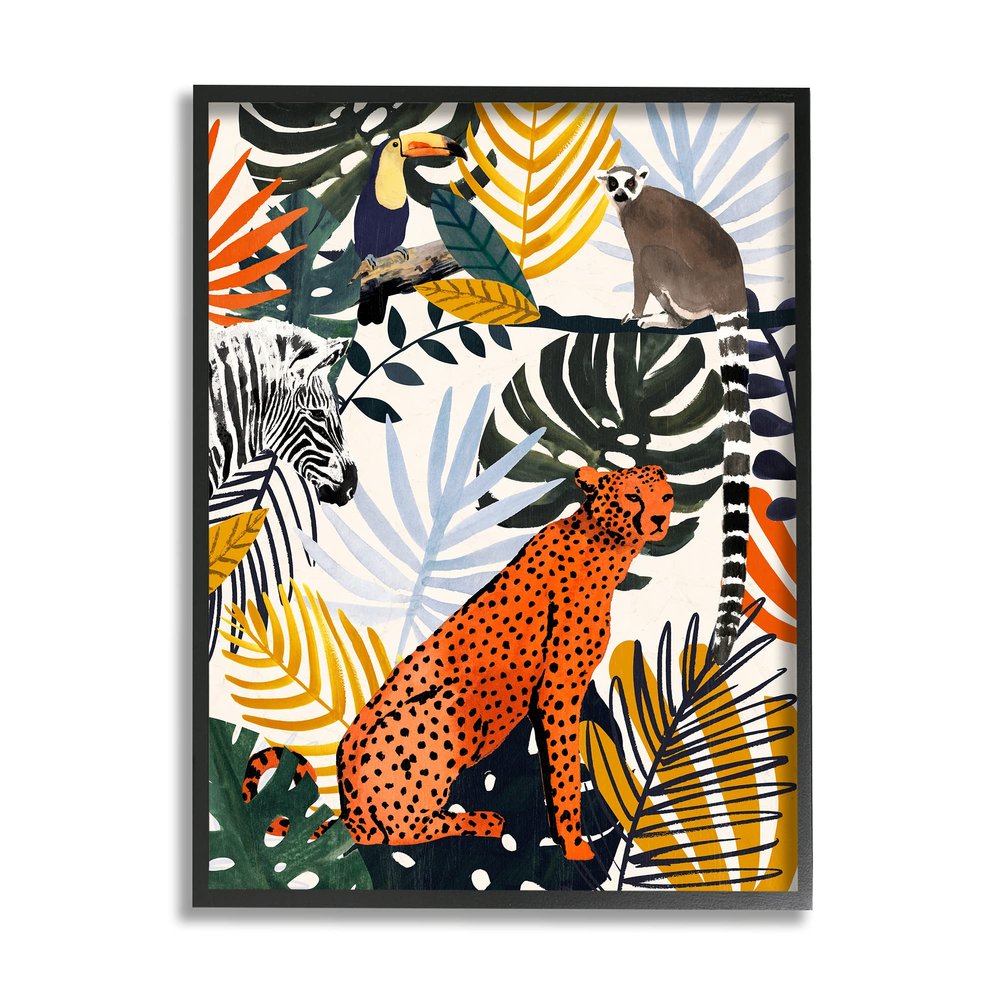 Stupell Industries Bold Jungle Animal Collage Vibrant Palm Leaf Shapes, Design by Victoria Borges Black Framed Wall Art, 16 x 20, Orange